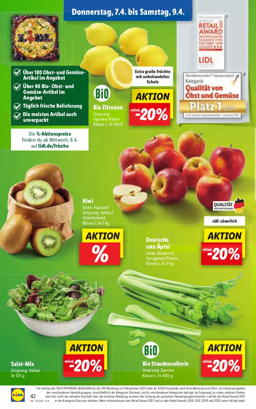 Aktueller Prospekt Lidl - Aktionsprospekt - von 04.04 bis 09.04.2022 - strona 42 - produkty: Abtei, angebot, bio, discount, eis, elle, magazin, obst, reis, salat, stauden, Ti, und gemüse, zitrone, zitronen