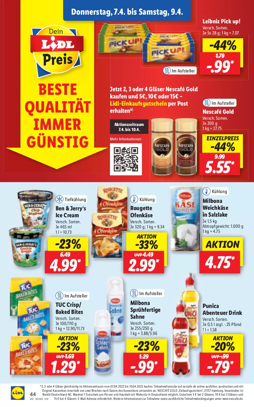 Aktueller Prospekt Lidl - Aktionsprospekt - von 04.04 bis 09.04.2022 - strona 44 - produkty: bites, Bona, drink, eis, ente, gin, Gläser, gutschein, leibniz, Milbona, nescafe, Ofen, reis, rouge, rougette, sahne, salz, Ti