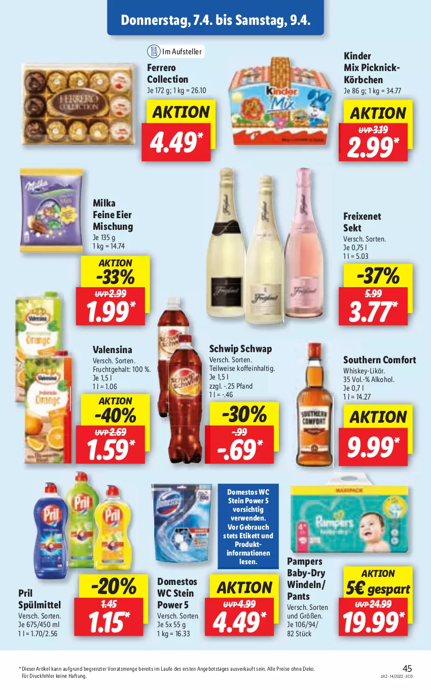 Aktueller Prospekt Lidl - Aktionsprospekt - von 04.04 bis 09.04.2022 - strona 45 - produkty: alkohol, angebot, domestos, eis, ferrero, freixenet, likör, milka, Rauch, reis, sekt, Southern Comfort, spülmittel, Ti, windeln, ZTE