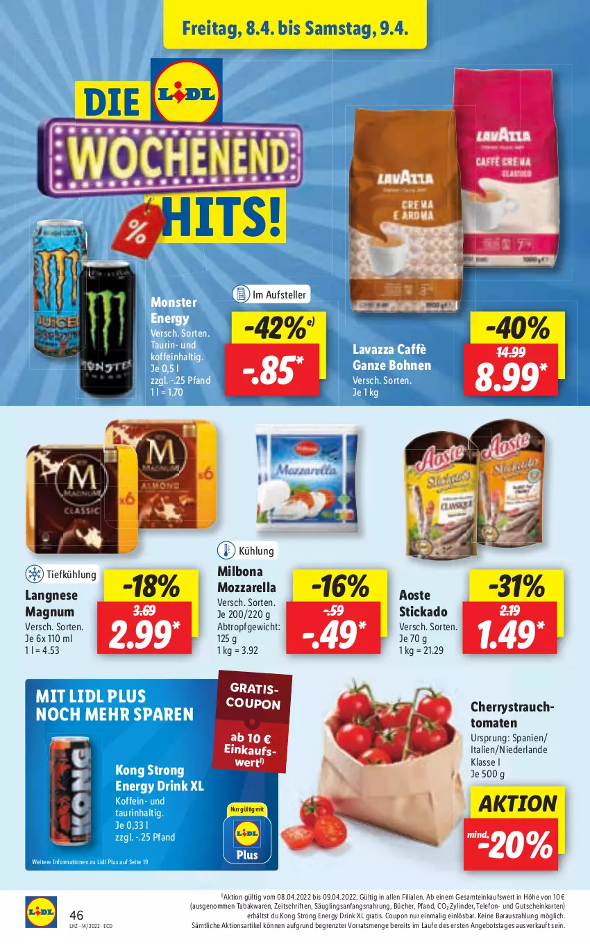 Aktueller Prospekt Lidl - Aktionsprospekt - von 04.04 bis 09.04.2022 - strona 46 - produkty: angebot, Bona, coupon, drink, gutschein, langnese, magnum, Milbona, monster, mozzarella, rel, telefon, Ti, tomate, tomaten, ZTE