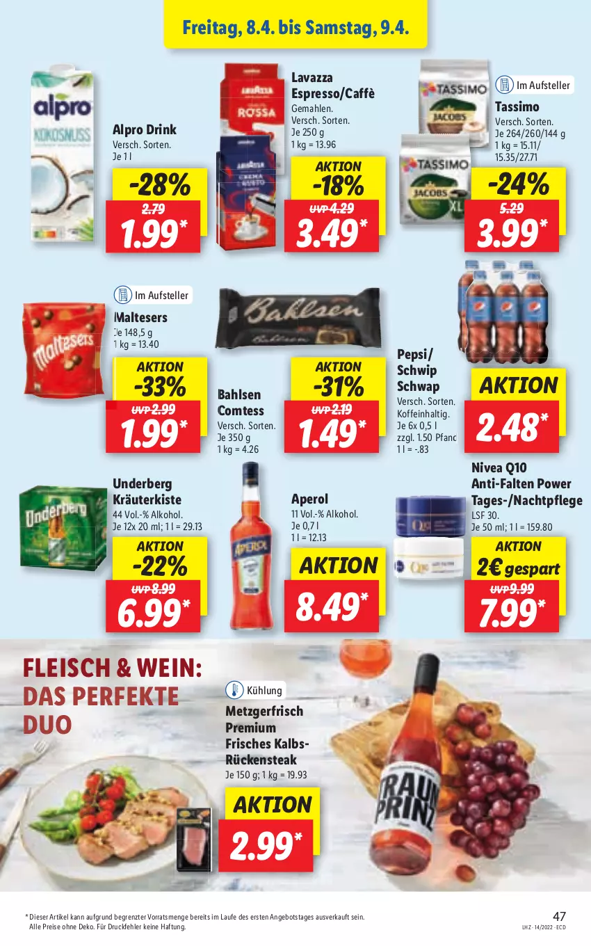 Aktueller Prospekt Lidl - Aktionsprospekt - von 04.04 bis 09.04.2022 - strona 47 - produkty: alkohol, alpro, angebot, aperol, bahlsen, comtess, drink, eis, malteser, reis, Rückensteak, sim, steak, tassimo, Ti, ZTE