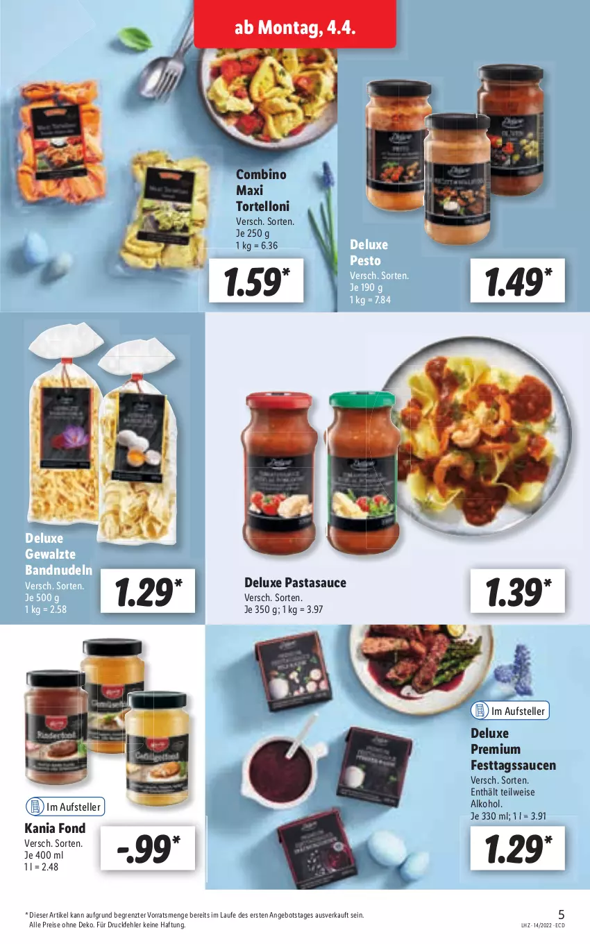 Aktueller Prospekt Lidl - Aktionsprospekt - von 04.04 bis 09.04.2022 - strona 5 - produkty: alkohol, angebot, eis, nudel, nudeln, reis, sauce, saucen, Ti, torte, tortelloni, ZTE