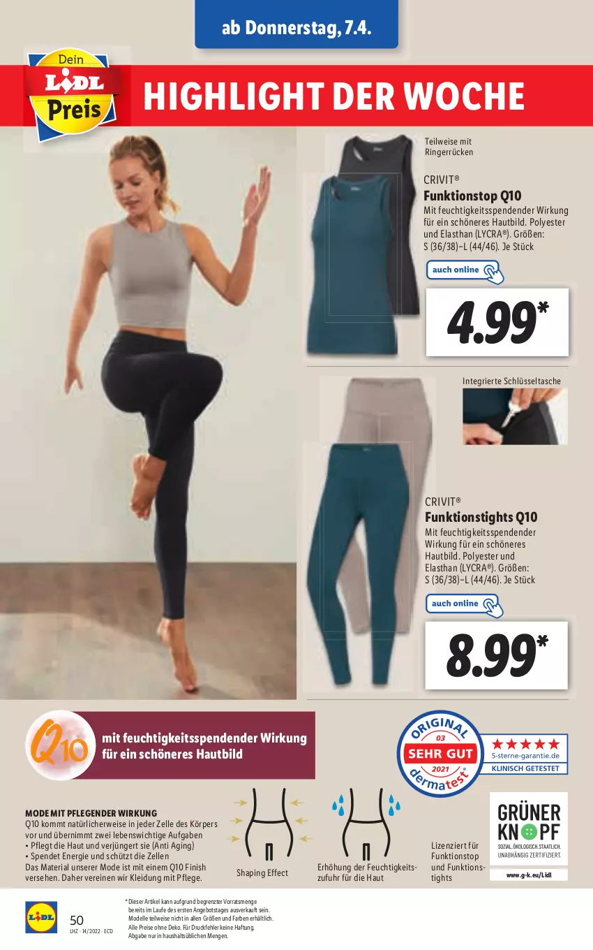 Aktueller Prospekt Lidl - Aktionsprospekt - von 04.04 bis 09.04.2022 - strona 50 - produkty: angebot, crivit, dell, Effect, eis, elle, gin, kleid, Kleidung, Mode, Q10, reis, Ria, ring, rwe, Tasche, Ti, uhr, ZTE