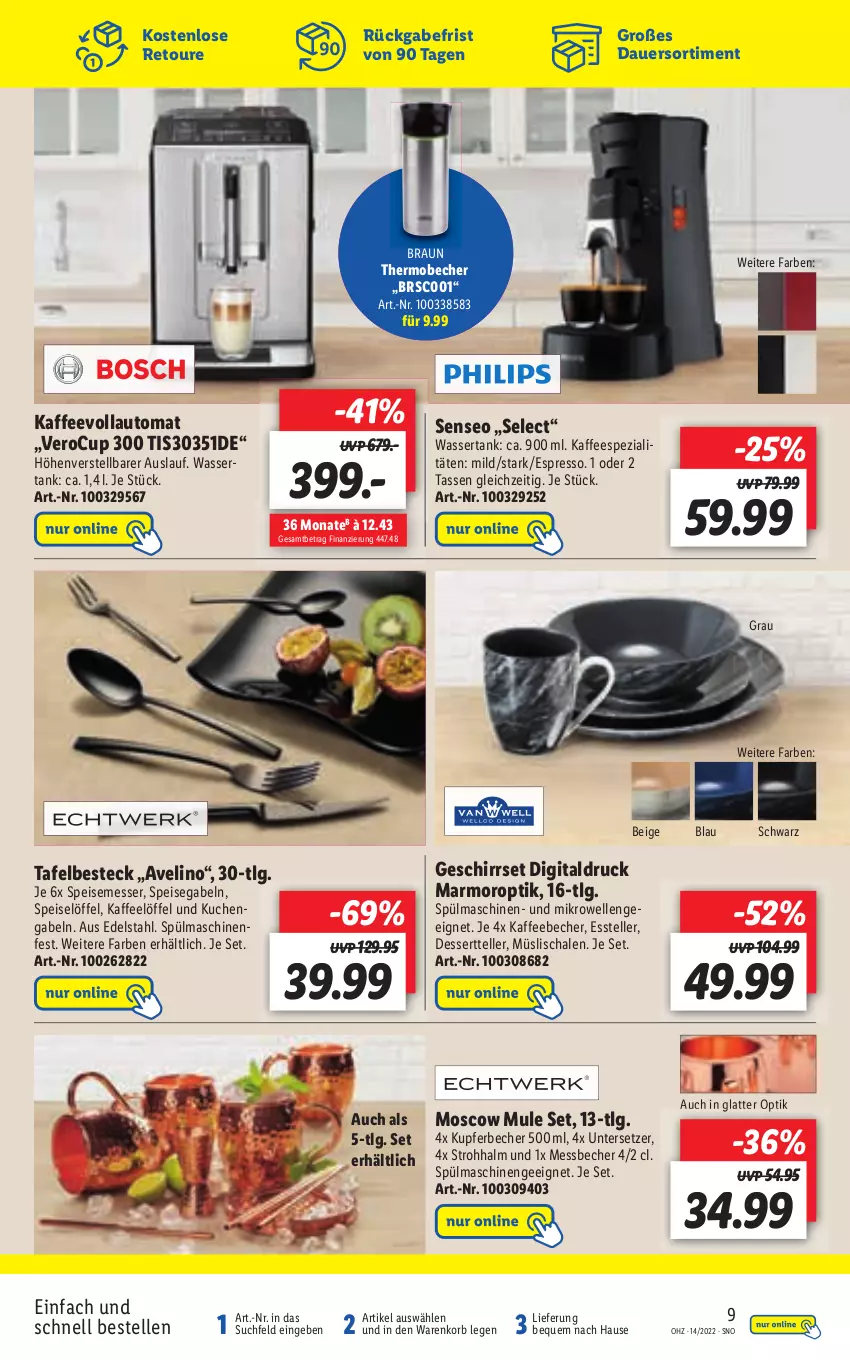 Aktueller Prospekt Lidl - Aktionsprospekt - von 04.04 bis 09.04.2022 - strona 59 - produkty: auto, Becher, braun, dessert, Dessertteller, edelstahl, eis, elle, espresso, Essteller, gabel, kaffee, kaffeebecher, kaffeespezialitäten, kuchen, latte, LG, Löffel, Messbecher, messer, mikrowelle, müsli, Müslischale, Schal, Schale, senseo, Spezi, spülmaschinen, tasse, teller, Ti, Untersetzer, wasser, wassertank