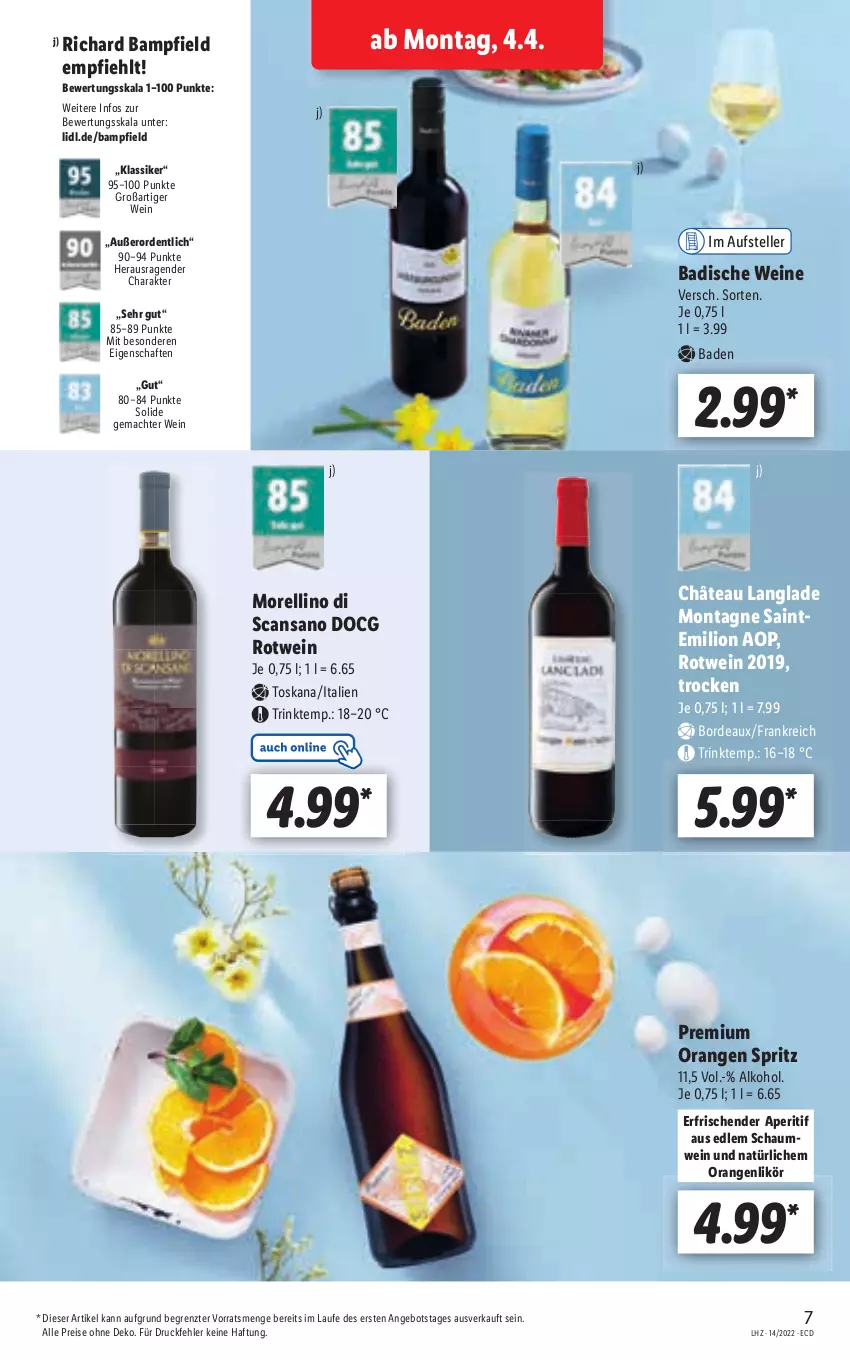 Aktueller Prospekt Lidl - Aktionsprospekt - von 04.04 bis 09.04.2022 - strona 7 - produkty: alkohol, angebot, aperitif, Bad, eis, Glade, lion, mac, Morelli, orange, orangen, reis, rel, Ti, wein, weine, ZTE