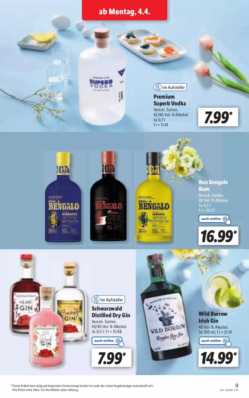 Aktueller Prospekt Lidl - Aktionsprospekt - von 04.04 bis 09.04.2022 - strona 9 - produkty: alkohol, angebot, eis, gin, reis, rum, Ti, Wild, ZTE