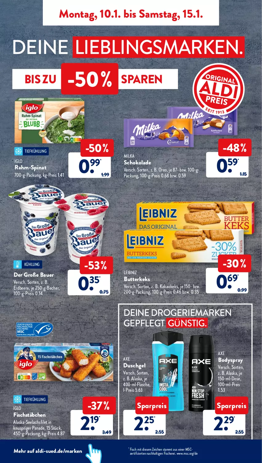 Aktueller Prospekt AldiSud - ALDI Aktuell - von 10.01 bis 15.01.2022 - strona 5 - produkty: Alaska-Seelachs, Alaska-Seelachsfilet, aldi, auer, axe, axe duschgel, Bau, Bauer, Becher, beere, body, bodyspray, butter, butterkeks, duschgel, eis, erdbeere, filet, fisch, fische, Fischer, fischstäbchen, flasche, iglo, kakao, keks, lachs, lachsfilet, leibniz, milka, milka schokolade, oreo, rahm-spinat, reis, Schere, schoko, schokolade, seelachsfilet, spinat, Ti