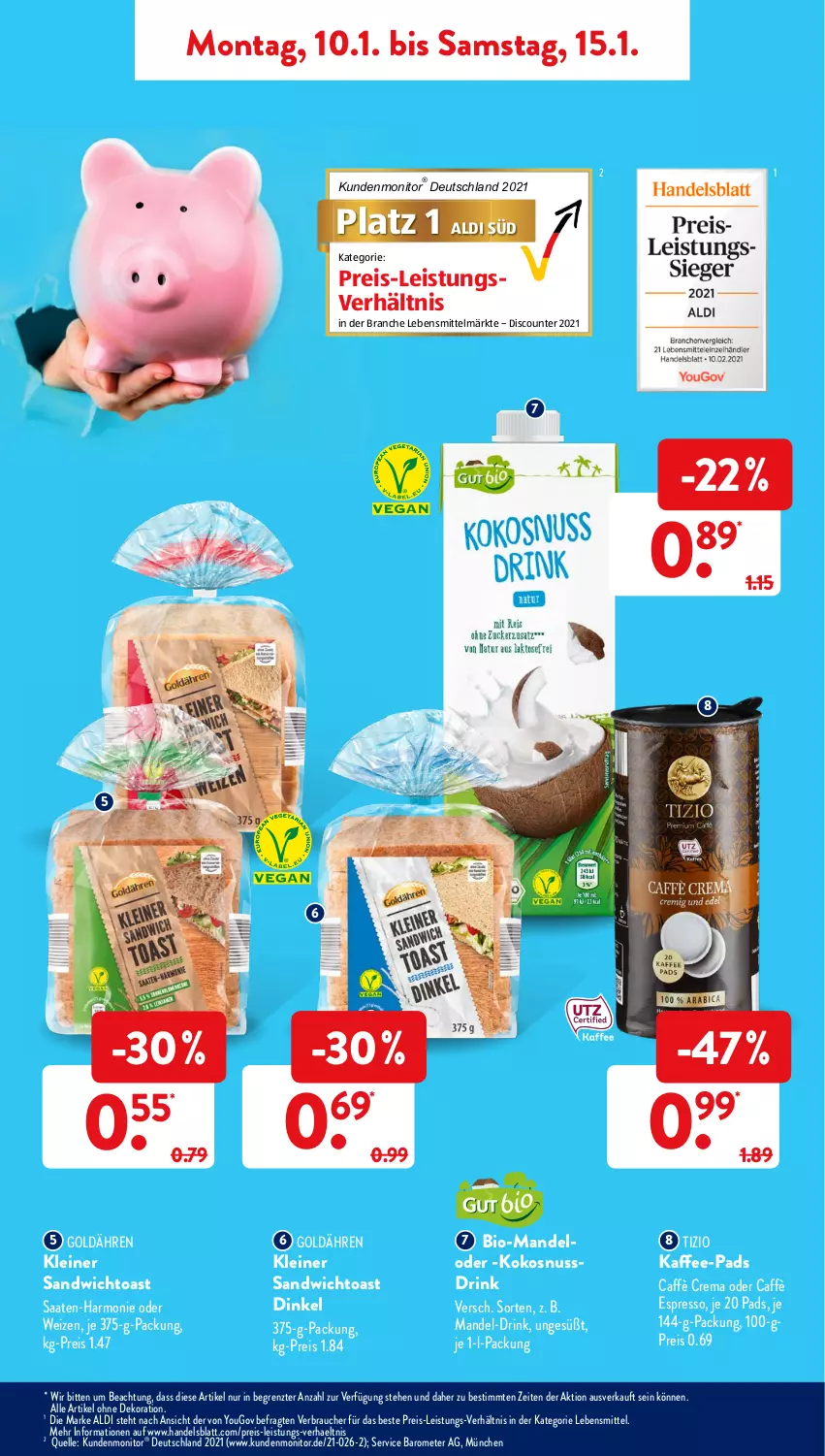 Aktueller Prospekt AldiSud - ALDI Aktuell - von 10.01 bis 15.01.2022 - strona 7 - produkty: aldi, alle artikel ohne dekoration, bio, caffè crema, dekoration, discount, drink, eis, elle, espresso, kaffee, kaffee-pads, kokos, kokosnuss, Kokosnussdrink, lebensmittel, leine, mandel, monitor, nuss, Nussdrink, Rauch, reis, sandwich, ssd, Ti, toast, Yo, ZTE