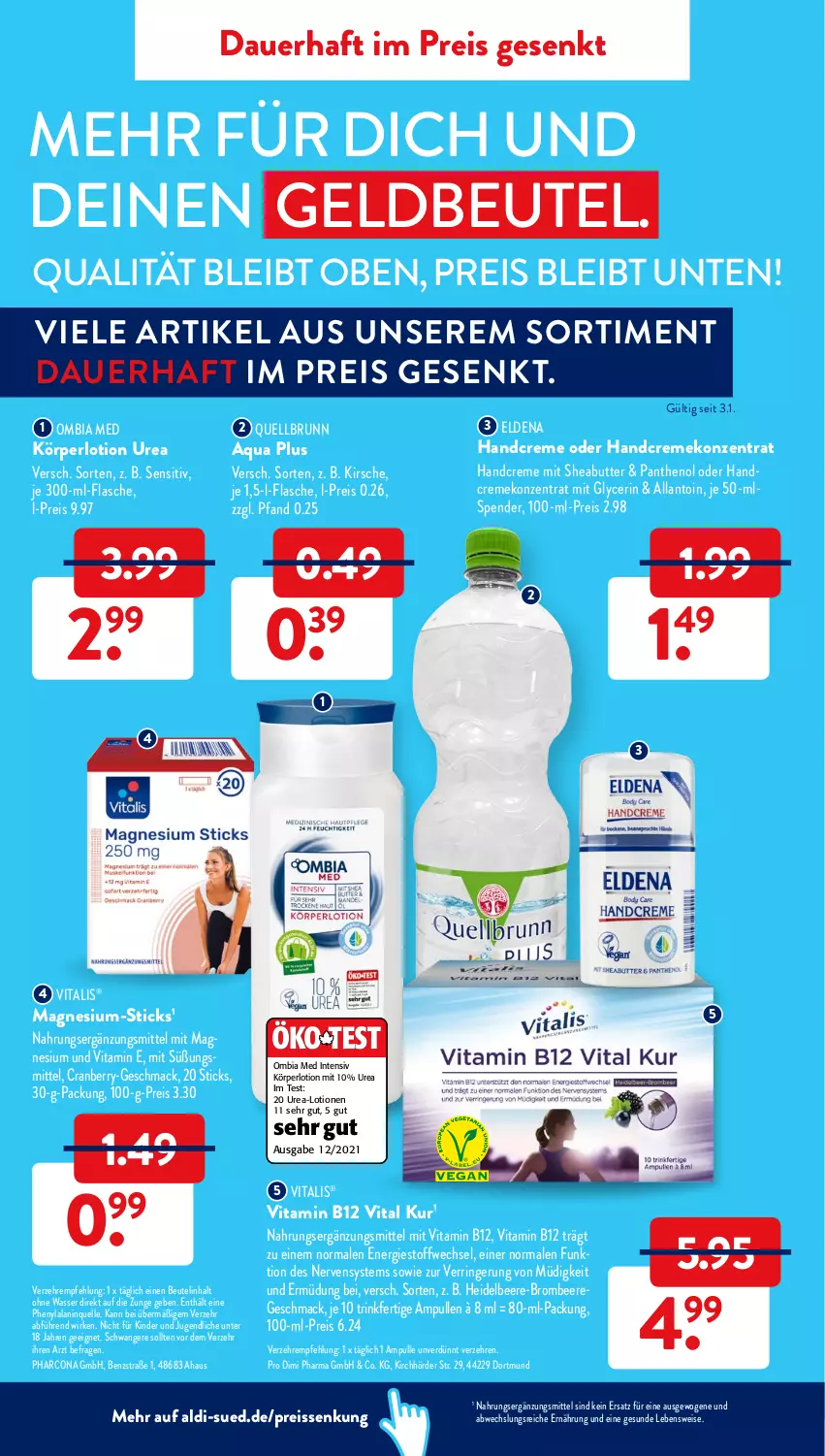 Aktueller Prospekt AldiSud - ALDI Aktuell - von 10.01 bis 15.01.2022 - strona 8 - produkty: aldi, aqua, auer, beere, beutel, brombeere, butter, cranberry, creme, eis, elle, flasche, handcreme, heidelbeere, Kinder, kirsch, kirsche, Körperlotion, Lotion, mac, magnesium, Panthenol, Quellbrunn, reis, reiss, ring, Sheabutter, Ti, vita, vitalis, Vitamin B, wasser