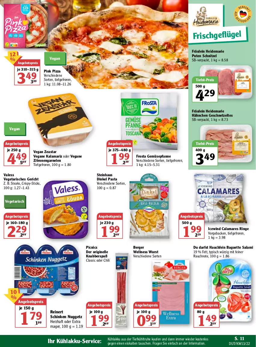 Aktueller Prospekt Globus - Prospekte - von 28.03 bis 02.04.2022 - strona 11 - produkty: akku, angebot, angebotspreis, baguette, Berger, chili, eis, elle, frosta, garnelen, geback, Geflügel, geschnetzeltes, gin, kühlakku, pasta, pfanne, pizza, pute, Rauch, reinert, reis, ring, salami, schinken, schnitzel, steak, steaks, steinhaus, Ti, tiefst-preis, Vegeta, wurst, Zelt, zitrone, zitronen