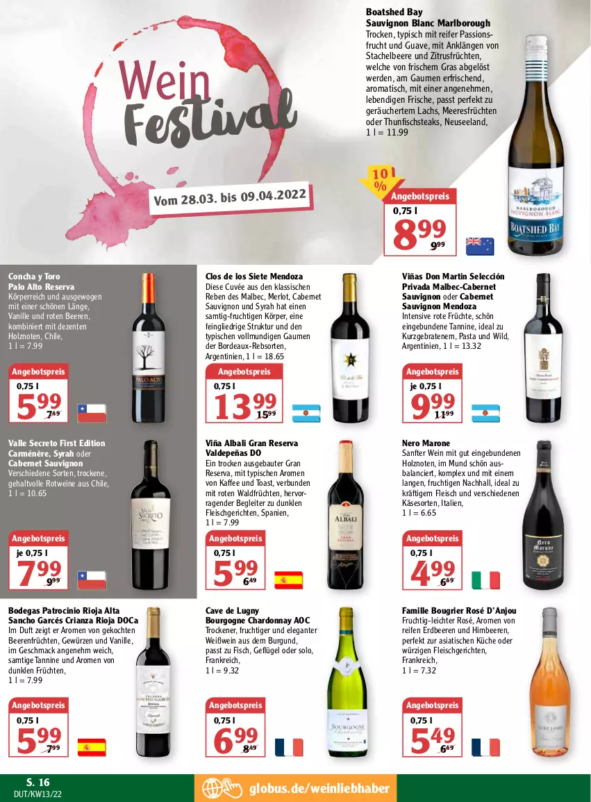 Aktueller Prospekt Globus - Prospekte - von 28.03 bis 02.04.2022 - strona 16 - produkty: angebot, angebotspreis, Bau, beere, beeren, Bourgogne, braten, cabernet, cabernet sauvignon, chardonnay, cin, cuvée, eis, Elan, ente, erdbeere, erdbeeren, erde, fisch, fleisch, frucht, früchte, früchten, Geflügel, gewürz, Guave, himbeer, himbeere, himbeeren, Holz, kaffee, Käse, küche, lachs, mac, meeresfrüchte, merl, merlot, nero, passionsfrucht, pasta, reifen, reis, Ria, rioja, rotwein, sauvignon, sauvignon blanc, steak, steaks, thunfisch, Ti, tisch, toast, usb, vanille, wein, weine, Weißwein, Wild