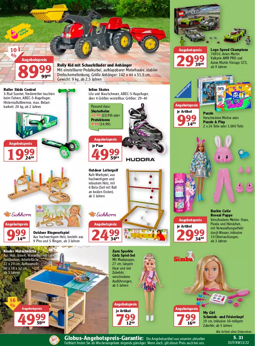 Aktueller Prospekt Globus - Prospekte - von 28.03 bis 02.04.2022 - strona 31 - produkty: alle artikel ohne dekoration, angebot, angebote, angebotspreis, Anhänger, ball, Barbie, Bau, champion, dekoration, eis, elle, Holz, Inline Skates, Kinder, küche, Kugel, Leuchte, leuchten, Mode, Puppe, Puzzle, reifen, reis, ring, Roller, scooter, spee, Ti, wasser