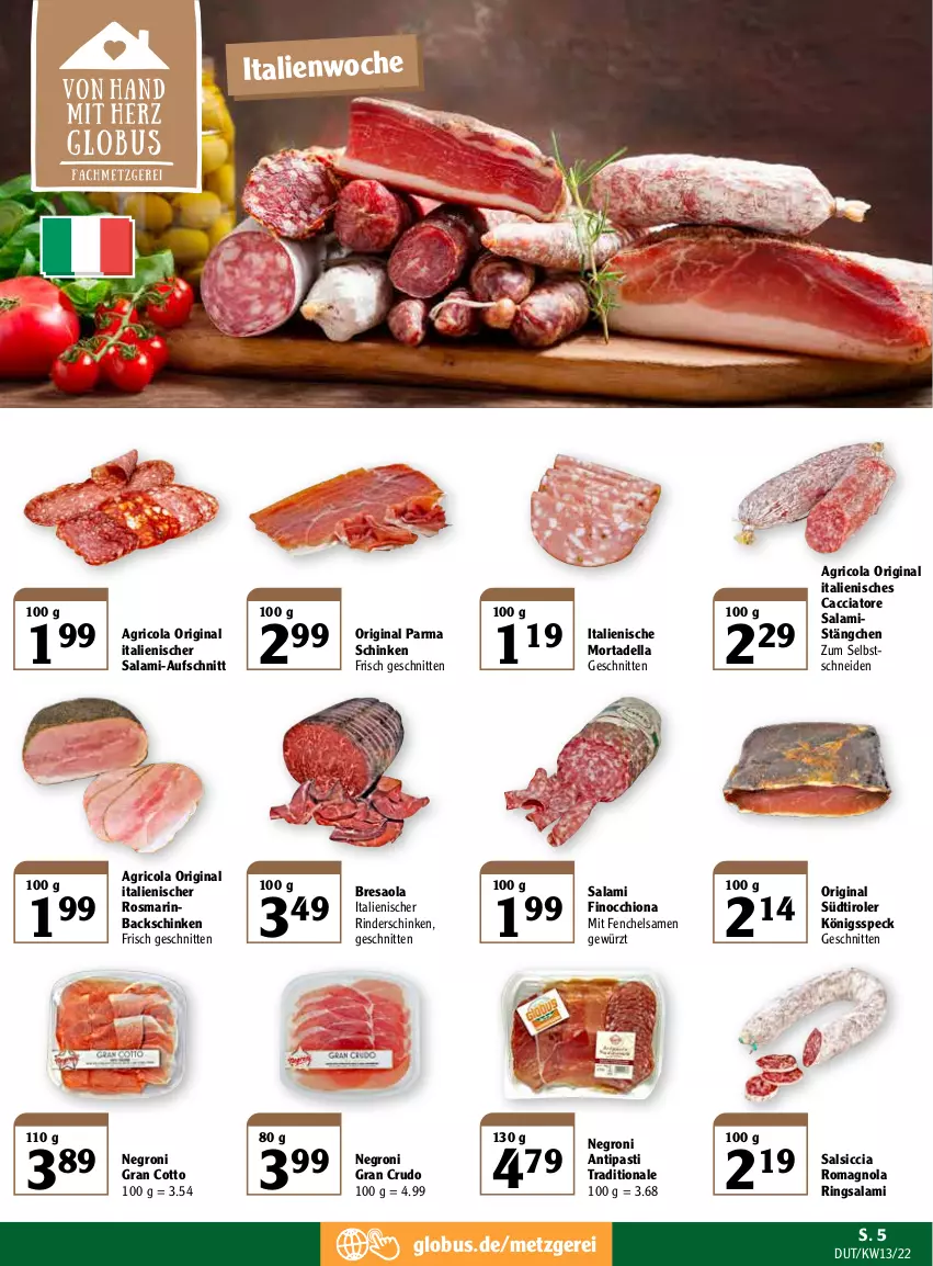 Aktueller Prospekt Globus - Prospekte - von 28.03 bis 02.04.2022 - strona 5 - produkty: ACC, antipasti, asti, aufschnitt, Bresaola, cola, dell, fenchel, gewürz, gin, mortadella, resa, Ricola, rind, rinder, ring, rosmarin, salami, salsiccia, schinken, schnitten, Speck, südtiroler, Ti