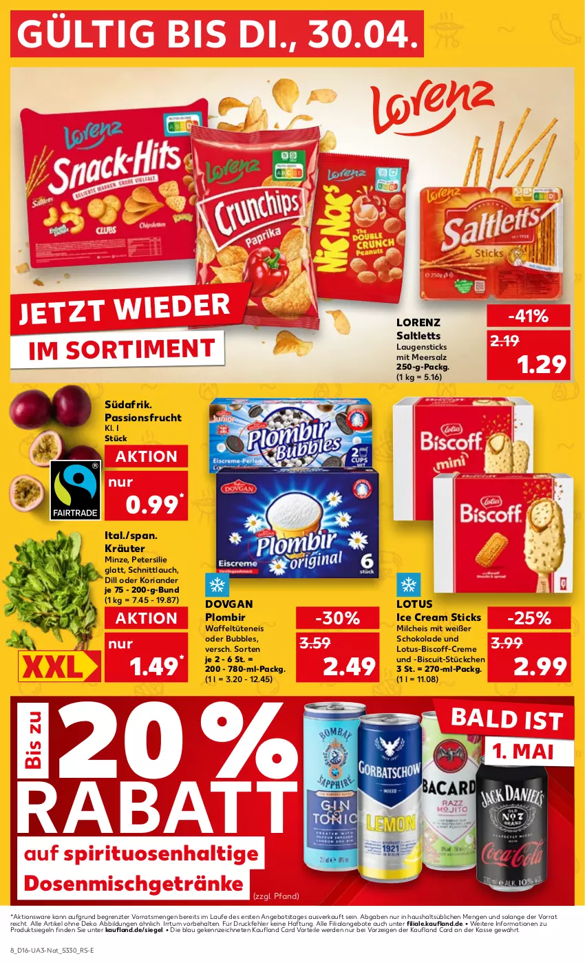 Aktueller Prospekt Kaufland - Kaufland - von 18.04 bis 30.04.2024 - strona 8 - produkty: angebot, angebote, biscoff, creme, dovgan, eis, erde, frucht, getränk, getränke, Koriander, kräuter, lorenz, meersalz, milch, minze, passionsfrucht, petersilie, Ria, saltletts, salz, schnittlauch, schoko, schokolade, spirituosen, Ti, Tüte, ZTE