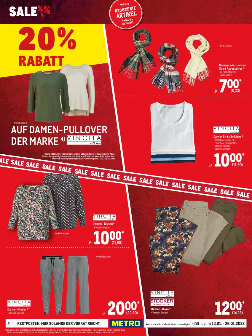 Aktueller Prospekt Metro - Sale Spezial - von 13.01 bis 26.01.2022 - strona 4 - produkty: ACC, accessoires, auto, Bau, baumwolle, bluse, dell, eis, elle, erde, Fahrrad, heimtextilien, hose, hosen, kleid, Kleidung, LG, Metro, Mode, Pullover, reis, schuhe, shirt, Spiele, Sport, Ti, tisch, wolle