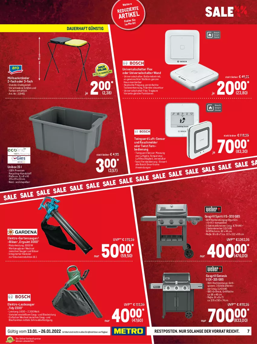 Aktueller Prospekt Metro - Sale Spezial - von 13.01 bis 26.01.2022 - strona 7 - produkty: batterie, bosch, Clin, edelstahl, eis, Elektro, elle, fernbedienung, Garten, gasgrill, grill, grillfläche, grillrost, Laubsauger, LG, Rauch, reis, Ria, sac, Schal, Ti, tisch, werkzeug