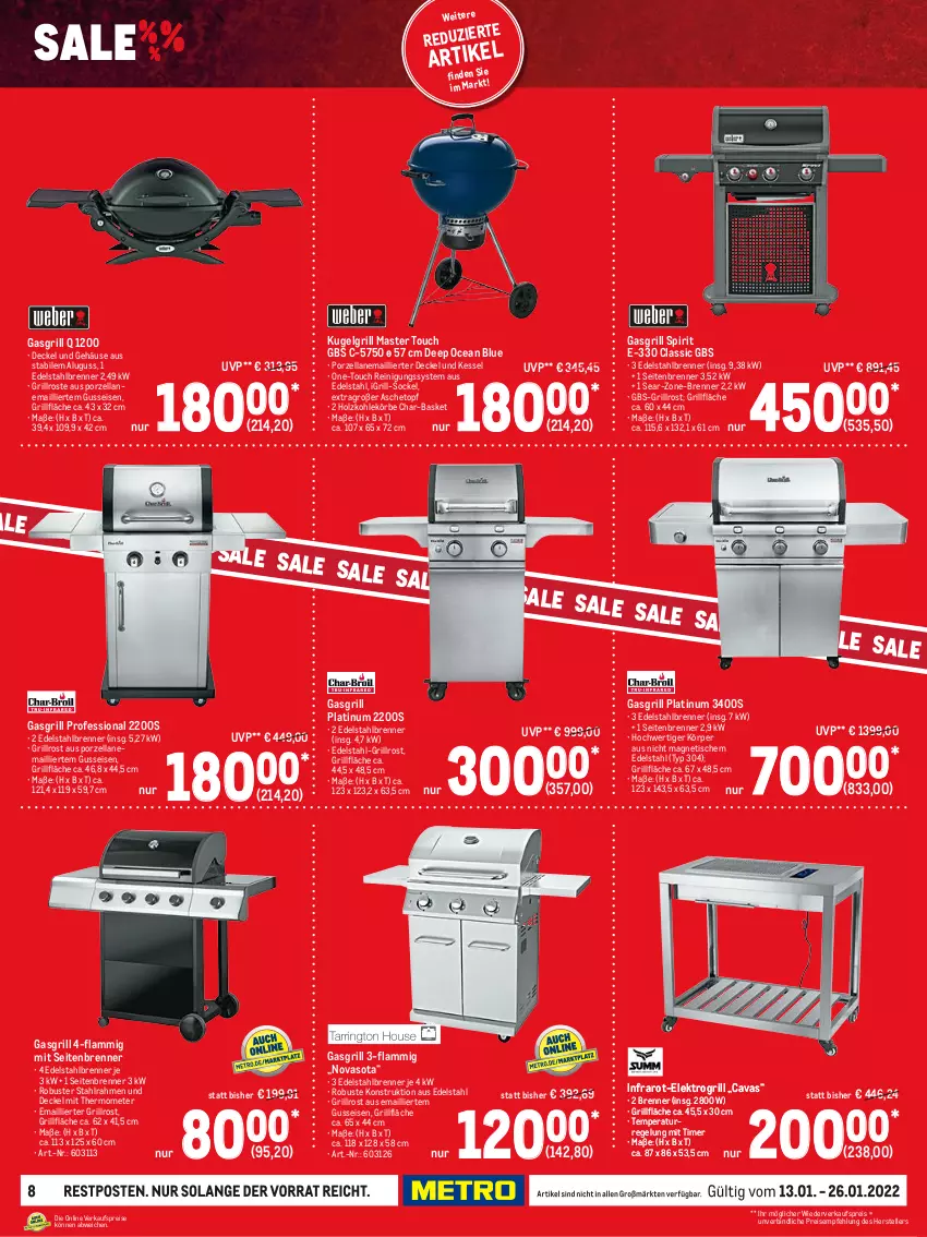 Aktueller Prospekt Metro - Sale Spezial - von 13.01 bis 26.01.2022 - strona 8 - produkty: Cava, decke, Deckel, edelstahl, eis, Elektro, elle, gasgrill, grill, grillfläche, grillrost, Holz, holzkohle, Kugel, kugelgrill, lamm, LG, mit thermometer, Reinigung, reis, teller, thermometer, Ti, timer, tisch, topf