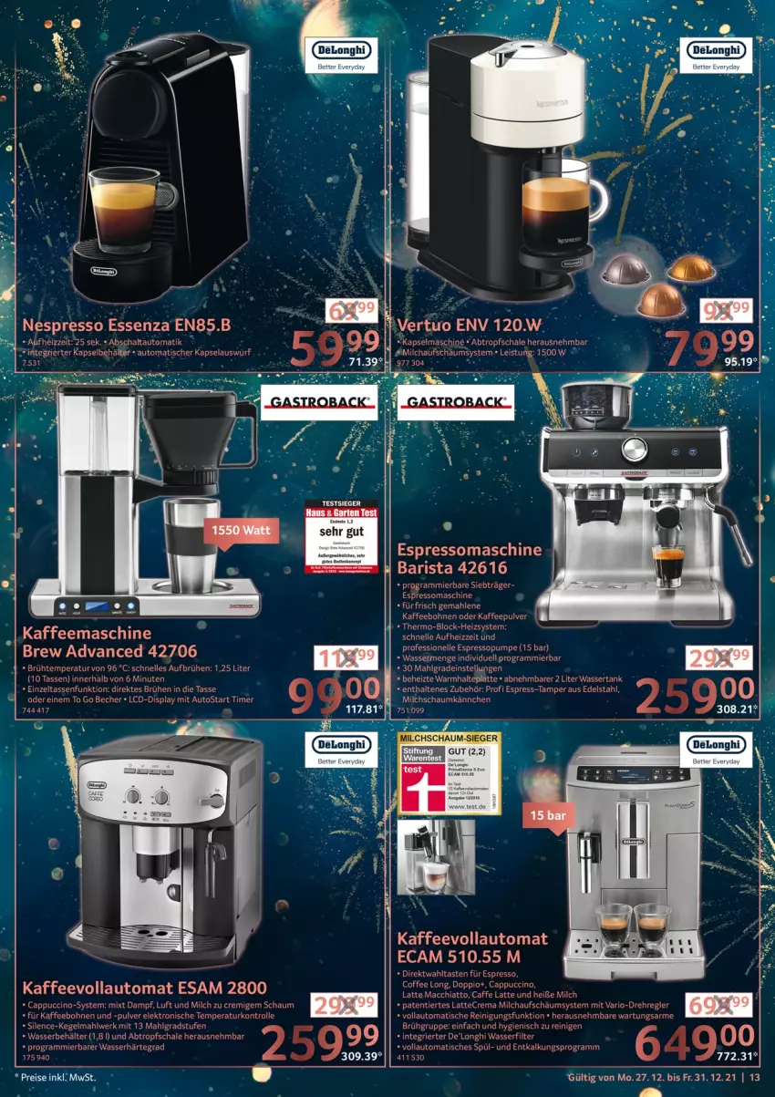 Aktueller Prospekt Selgros - Vorschau:
            Danke - von 27.12 bis 31.12.2021 - strona 13 - produkty: ACC, auto, Becher, Behälter, bohne, bohnen, Brühe, caffe, Cap, cappuccino, chia, cin, edelstahl, eis, Elan, Elektro, elle, espresso, Garten, Heu, kaffee, kaffeebohnen, kaffeevollautomat, latte, LG, mac, milch, Reinigung, reis, Schal, Schale, senf, tasse, Ti, timer, tisch, wasser, wassertank, Zelt, ZTE