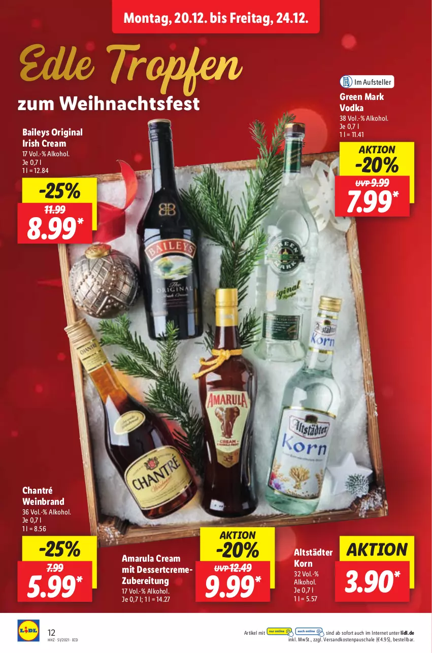 Aktueller Prospekt Lidl - Aktionsprospekt - von 20.12 bis 25.12.2021 - strona 12 - produkty: alkohol, amarula, baileys, chantré, creme, dessert, elle, gin, irish cream, korn, ndk, Schal, Schale, teller, Ti, vodka, wein, weinbrand