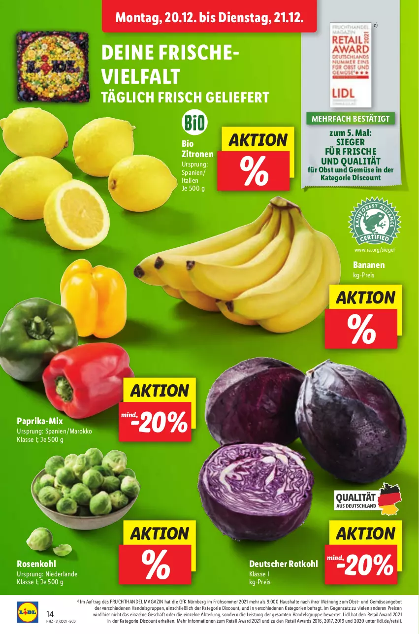 Aktueller Prospekt Lidl - Aktionsprospekt - von 20.12 bis 25.12.2021 - strona 14 - produkty: Abtei, angebot, banane, bananen, bio, discount, eis, frucht, magazin, obst, Obst und Gemüse, paprika, reis, rosen, Rosenkohl, rotkohl, Ti, und gemüse, zitrone, zitronen