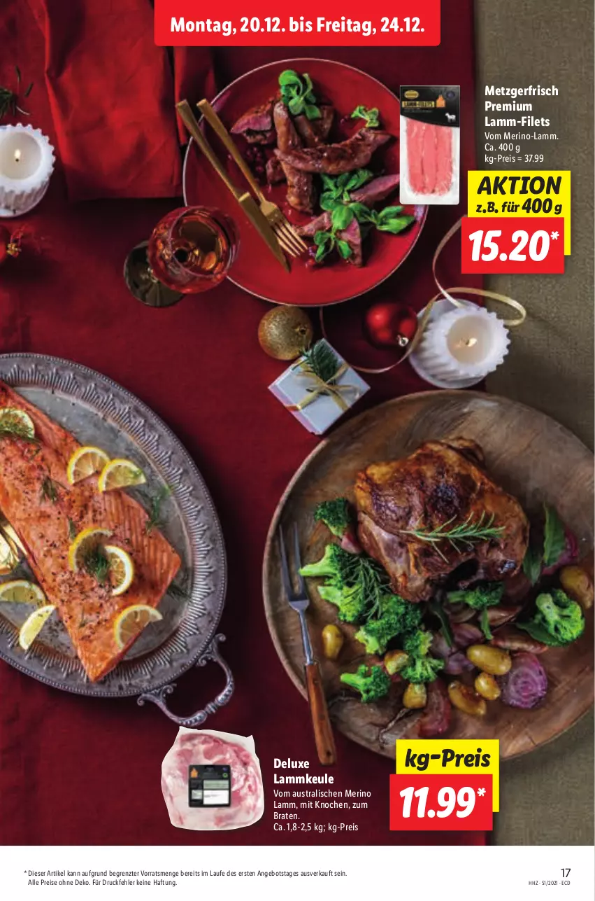 Aktueller Prospekt Lidl - Aktionsprospekt - von 20.12 bis 25.12.2021 - strona 17 - produkty: angebot, aust, braten, eis, filet, filets, lamm, lammkeule, reis, Ti, ZTE