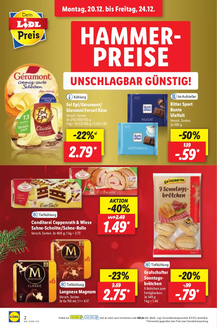 Aktueller Prospekt Lidl - Aktionsprospekt - von 20.12 bis 25.12.2021 - strona 2 - produkty: brötchen, coppenrath, eis, elle, fol epi, géramont, grafschafter, Käse, langnese, magnum, ndk, preisvorteil, reis, ritter, ritter sport, sahne, Schal, Schale, Sonntagsbrötchen, Sport, teller, Ti