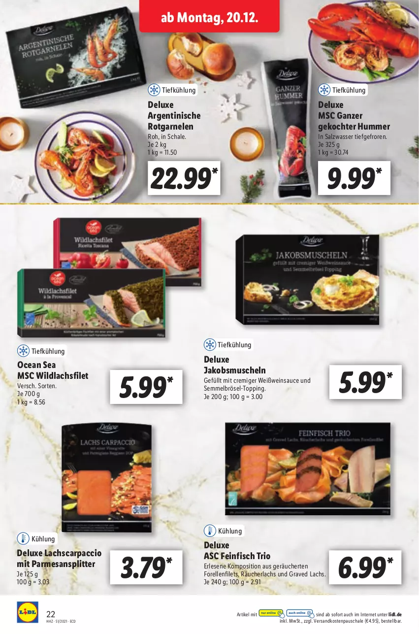 Aktueller Prospekt Lidl - Aktionsprospekt - von 20.12 bis 25.12.2021 - strona 22 - produkty: ACC, Carpaccio, elle, filet, filets, fisch, forelle, garnelen, Graved Lachs, jako, Jakobsmuscheln, lachs, lachsfilet, Muscheln, ndk, Räucherlachs, rel, salz, sauce, Schal, Schale, Semmel, Semmelbrösel, Ti, wasser, wein, Weißwein, Wild, wildlachs