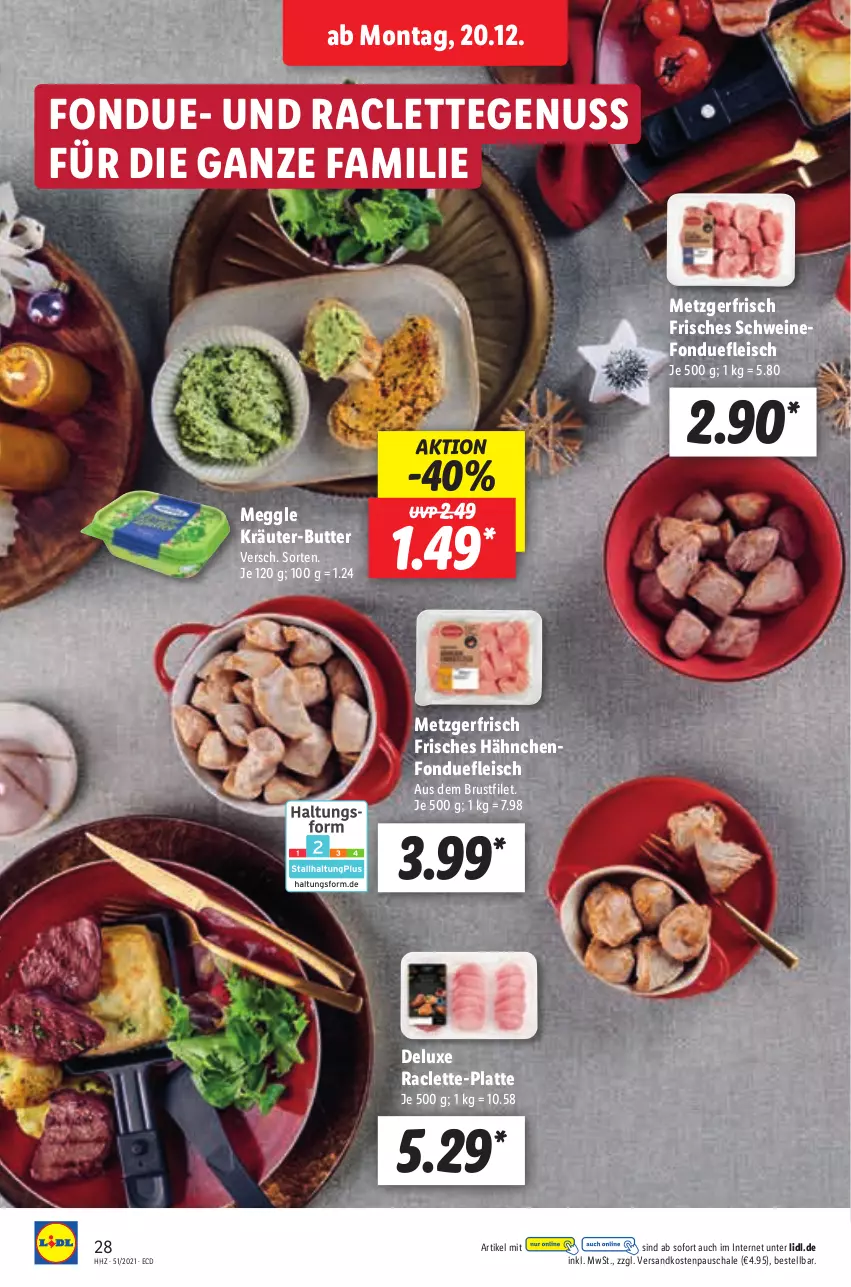 Aktueller Prospekt Lidl - Aktionsprospekt - von 20.12 bis 25.12.2021 - strona 28 - produkty: brustfilet, butter, eis, filet, fleisch, Fondue, kräuter, kräuter-butter, latte, meggle, ndk, nuss, Schal, Schale, schwein, schweine, Ti, wein, weine