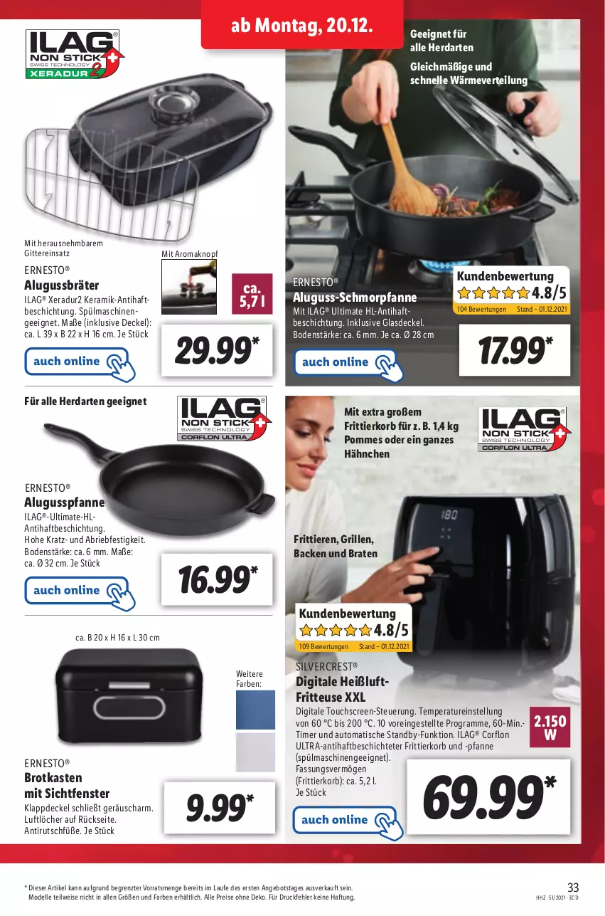 Aktueller Prospekt Lidl - Aktionsprospekt - von 20.12 bis 25.12.2021 - strona 33 - produkty: angebot, auto, braten, brie, brot, Brotkasten, decke, Deckel, dell, eis, elle, ernesto, fenster, fritteuse, Frittierkorb, Glasdeckel, grill, Heißluftfritteuse, herdarten, ilag, korb, Mode, pfanne, pommes, reis, schmorpfanne, silvercrest, Ti, Tiere, timer, tisch, touchscreen, ZTE