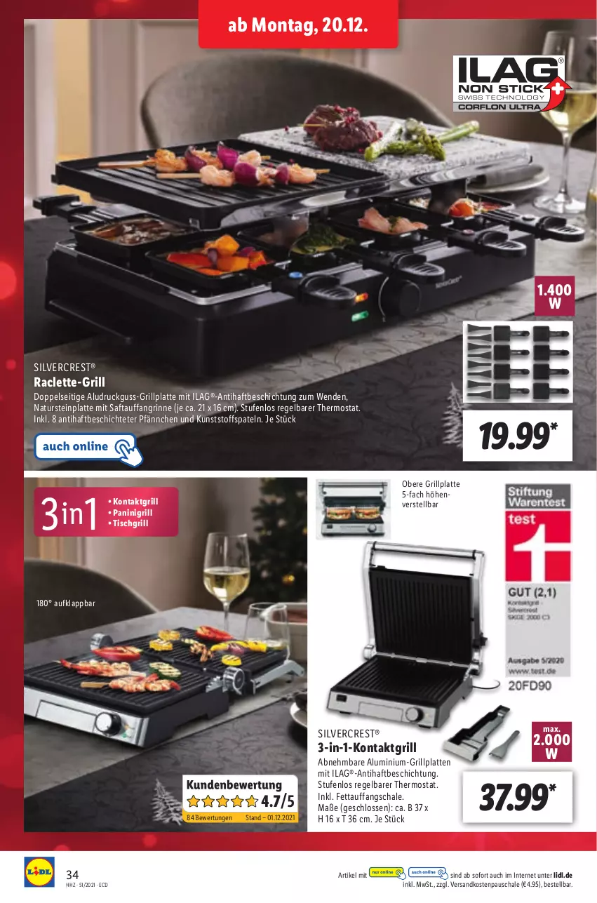 Aktueller Prospekt Lidl - Aktionsprospekt - von 20.12 bis 25.12.2021 - strona 34 - produkty: grill, grillplatte, ilag, kontaktgrill, latte, natur, naturstein, ndk, saft, Schal, Schale, silvercrest, thermostat, Ti, tisch, tischgrill