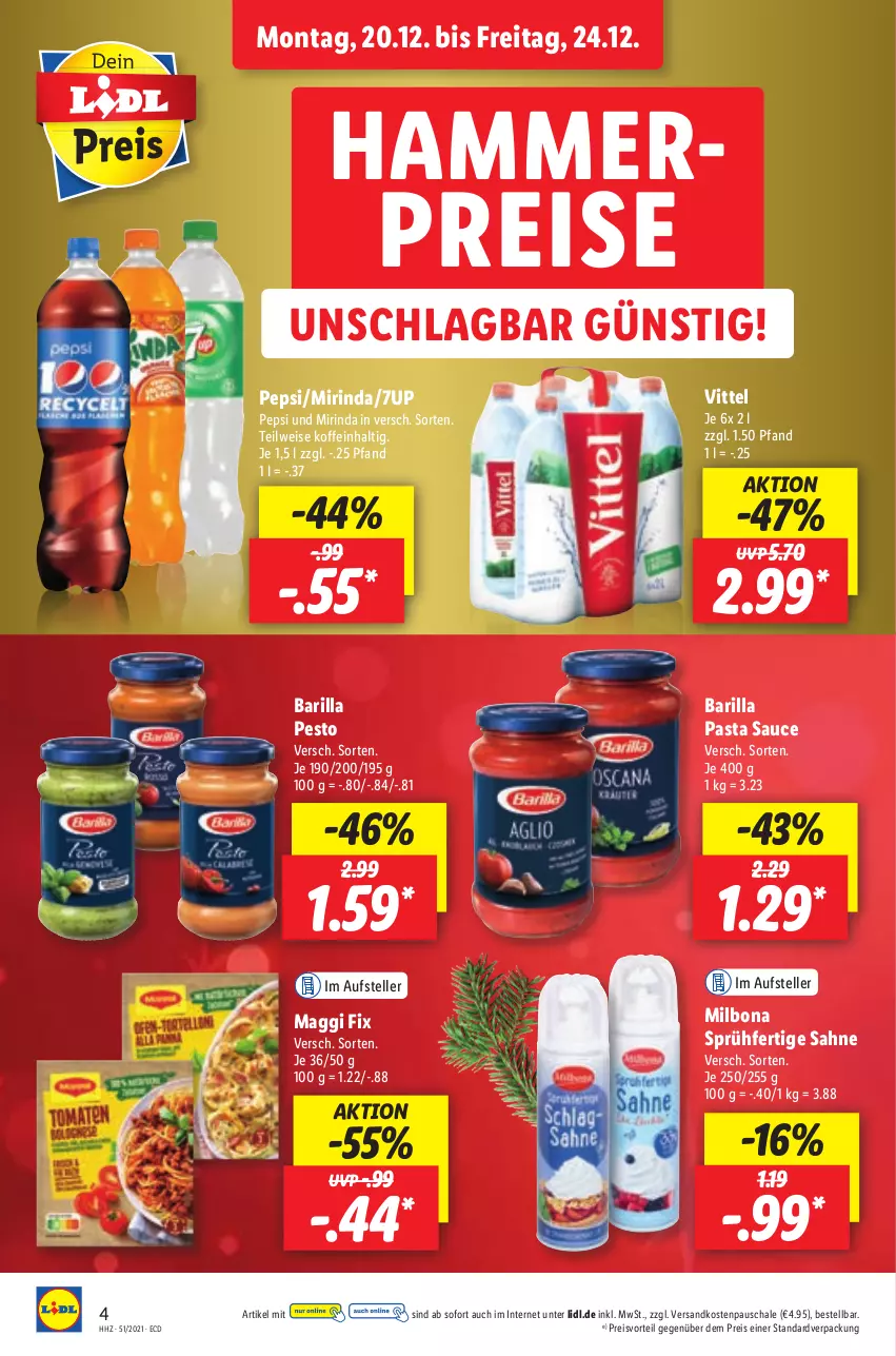 Aktueller Prospekt Lidl - Aktionsprospekt - von 20.12 bis 25.12.2021 - strona 4 - produkty: 7UP, barilla, Bona, eis, elle, maggi, maggi fix, Milbona, Mirinda, ndk, pasta, Pasta Sauce, pepsi, pesto, preisvorteil, reis, rind, sahne, sauce, Schal, Schale, teller, Ti, vittel