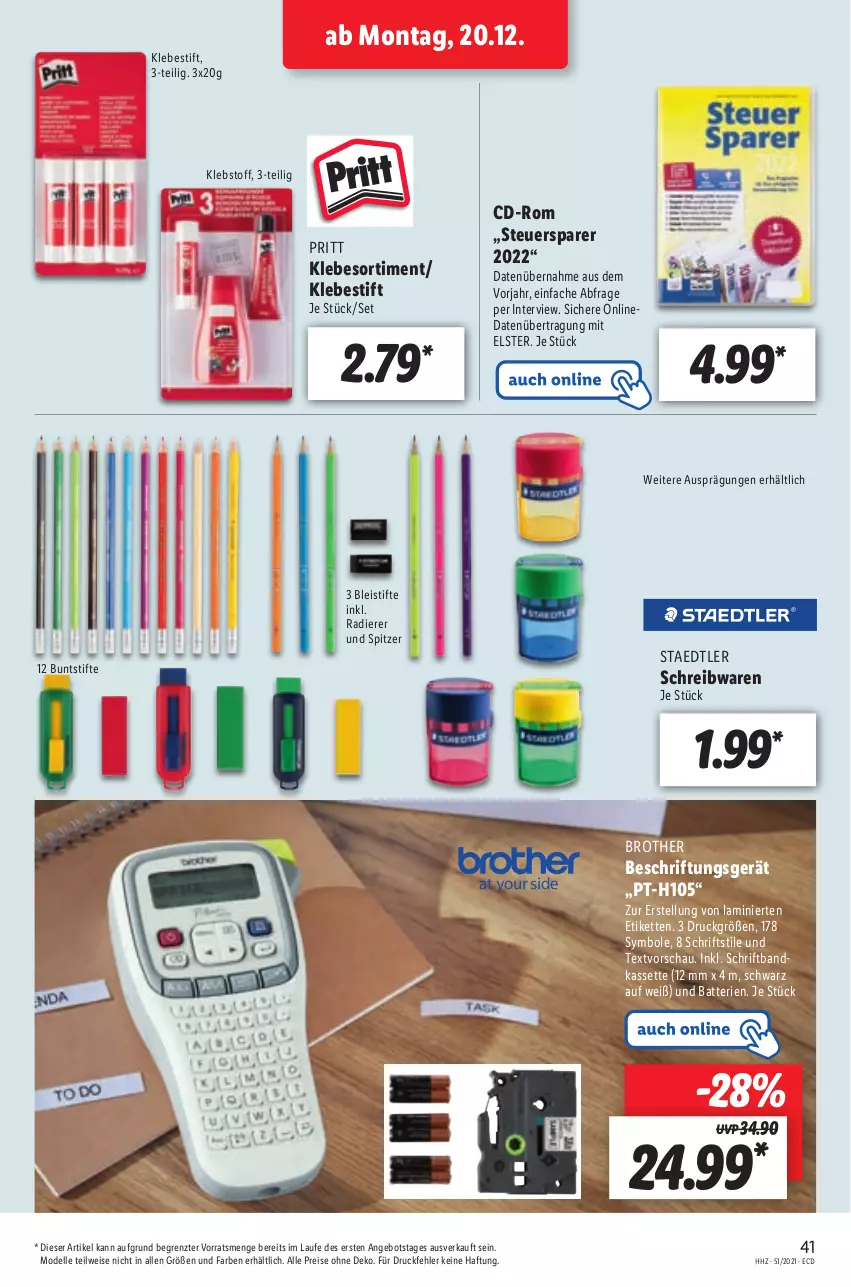 Aktueller Prospekt Lidl - Aktionsprospekt - von 20.12 bis 25.12.2021 - strona 41 - produkty: angebot, batterie, batterien, Bleistift, bleistifte, brot, brother, buntstifte, dell, eis, elle, Kette, Mode, ndk, pritt, reis, schreibwaren, staedtler, stifte, Ti, ZTE