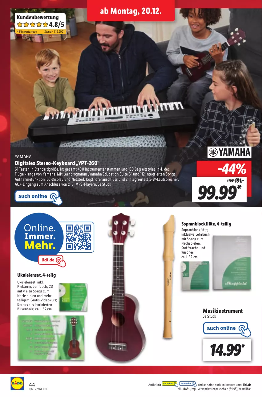 Aktueller Prospekt Lidl - Aktionsprospekt - von 20.12 bis 25.12.2021 - strona 44 - produkty: buch, deo, ente, Holz, kopfhörer, lautsprecher, LG, Mp3, Musikinstrument, ndk, rum, Schal, Schale, Spiele, Stofftasche, Tasche, Ti, Yamaha, ZTE