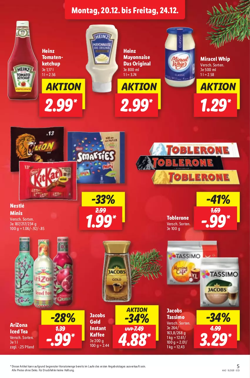 Aktueller Prospekt Lidl - Aktionsprospekt - von 20.12 bis 25.12.2021 - strona 5 - produkty: angebot, eis, gin, heinz, jacobs, Jacobs Gold, jacobs tassimo, kaffee, ketchup, mayonnaise, miracel, miracel whip, nestlé, reis, sim, tassimo, Ti, toblerone, tomate, tomaten, Yo, ZTE