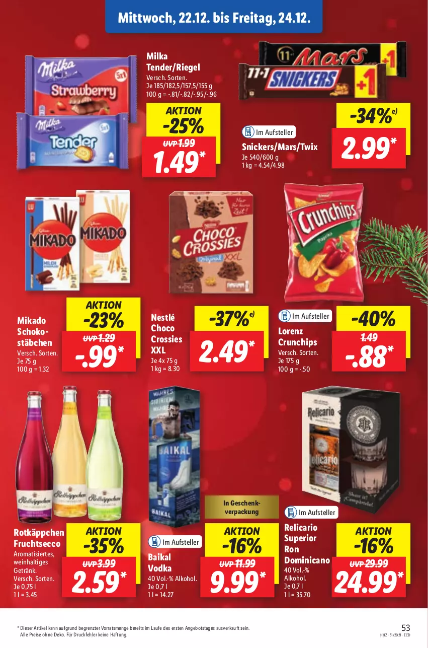 Aktueller Prospekt Lidl - Aktionsprospekt - von 20.12 bis 25.12.2021 - strona 53 - produkty: alkohol, angebot, chips, choco crossies, crossies, crunchips, ecco, eis, elle, frucht, fruchtsecco, getränk, lorenz, lorenz crunchips, mars, mikado, milka, nestlé, reis, rel, riegel, rotkäppchen, schoko, Schokostäbchen, snickers, teller, tender, Ti, twix, vodka, wein, ZTE