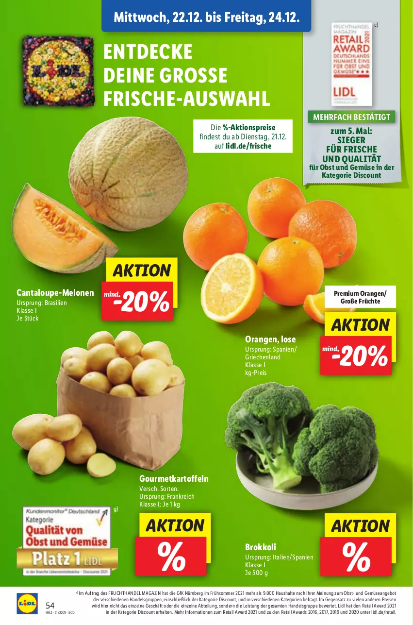 Aktueller Prospekt Lidl - Aktionsprospekt - von 20.12 bis 25.12.2021 - strona 54 - produkty: Abtei, aktionspreis, angebot, brokkoli, Cantaloupe-melone, decke, discount, eis, frucht, früchte, kartoffel, kartoffeln, magazin, melone, melonen, obst, Obst und Gemüse, orange, orangen, reis, Ti, und gemüse