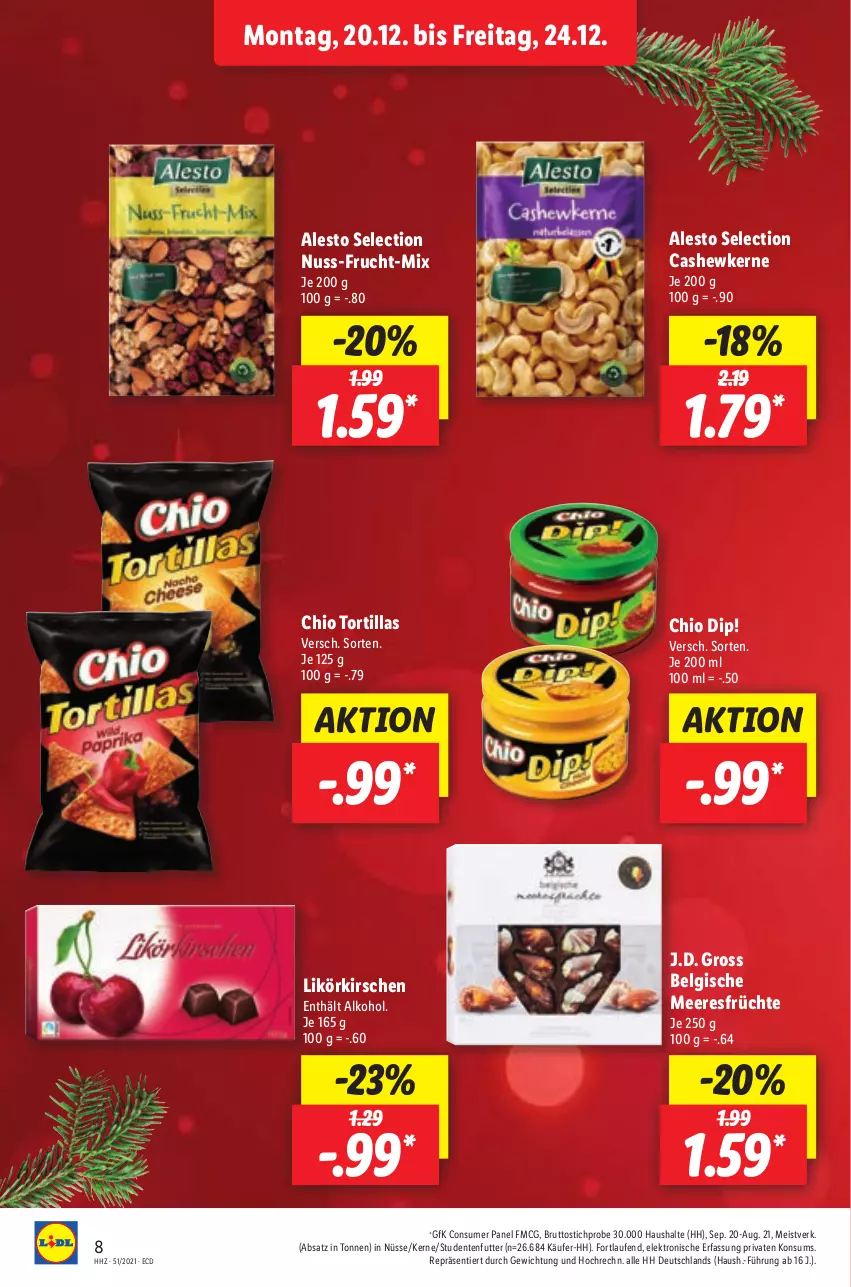 Aktueller Prospekt Lidl - Aktionsprospekt - von 20.12 bis 25.12.2021 - strona 8 - produkty: alesto, alkohol, brut, Cashew, cashewkerne, dip, eis, Elektro, ente, frucht, früchte, HP, kirsch, kirsche, kirschen, Laufen, LG, likör, meeresfrüchte, nuss, studentenfutter, Ti, tortilla, tortillas