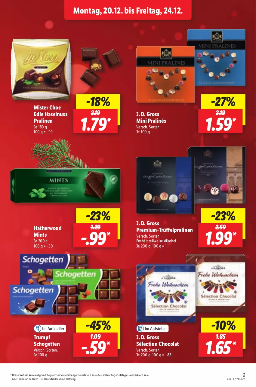 Aktueller Prospekt Lidl - Aktionsprospekt - von 20.12 bis 25.12.2021 - strona 9 - produkty: alkohol, angebot, cola, eis, elle, haselnuss, mini pralinés, mint, nuss, pralinen, reis, rum, schogetten, teller, Ti, Trüffel, ZTE