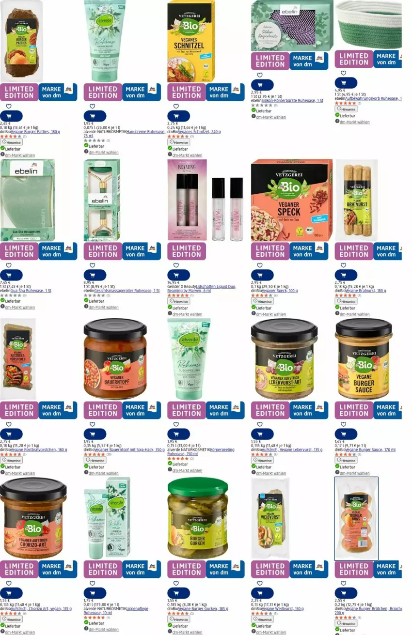 Aktueller Prospekt Dm Drogerie - Prospekte - von 25.08 bis 03.09.2025 - strona 14 - produkty: Alverde, auer, aufstrich, Bau, Bauer, bio, bratwurst, brötchen, burger, Burger Sauce, bürste, chorizo, eis, erde, gurke, gurken, korb, kosmetik, Lippenpflege, natur, naturkosmetik, Peeling, rel, Roller, sauce, schnitzel, Speck, tee, Ti, topf, wurst