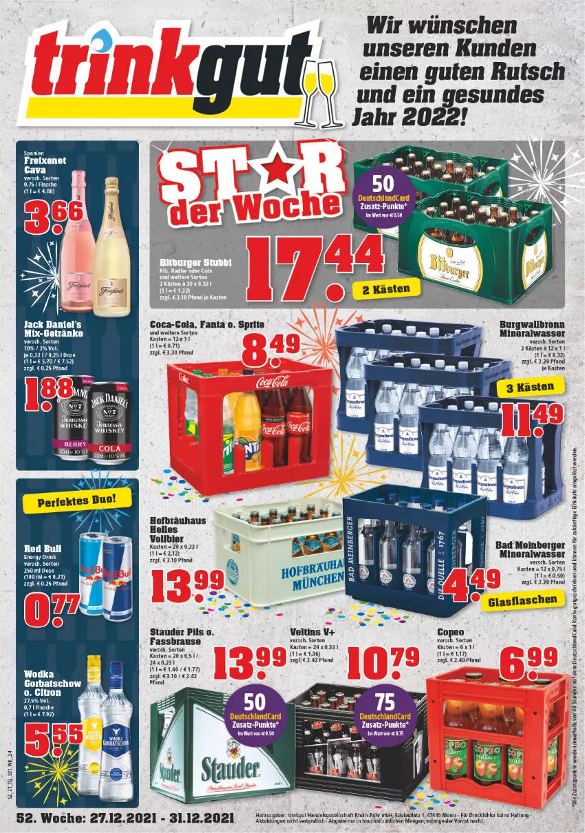 Aktueller Prospekt Trinkgut - von 27.12.2021 bis 01.01.2022 - strona 1 - produkty: Alwa, Bad, Berger, bier, brause, coca-cola, cola, deutschlandcard, drink, elle, energy drink, ente, erde, fanta, fassbrause, getränk, getränke, Gorbatschow, jack daniel, jack daniel's, jennessee, mineralwasser, pils, sprite, tee, Ti, veltins, wasser, whiskey