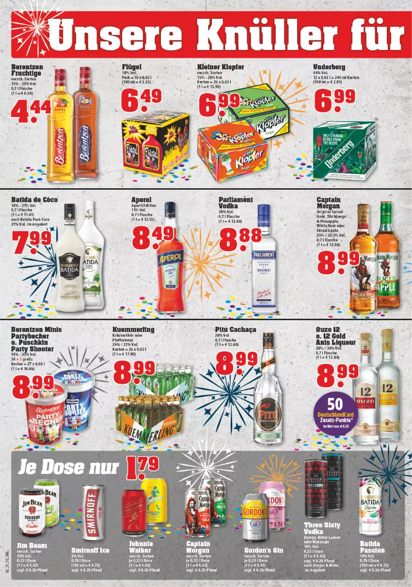 Aktueller Prospekt Trinkgut - von 27.12.2021 bis 01.01.2022 - strona 6 - produkty: angebot, aperitif, aperol, Apple, batida, berentzen, Cap, deutschlandcard, flasche, frucht, gin, ginger, jim beam, kleiner klopfer, kräuter, kräuterlikör, kuemmerling, leine, likör, mango, merl, pfeffer, Ria, rum, smirnoff, Ti, underberg, vodka, white rum, ZTE