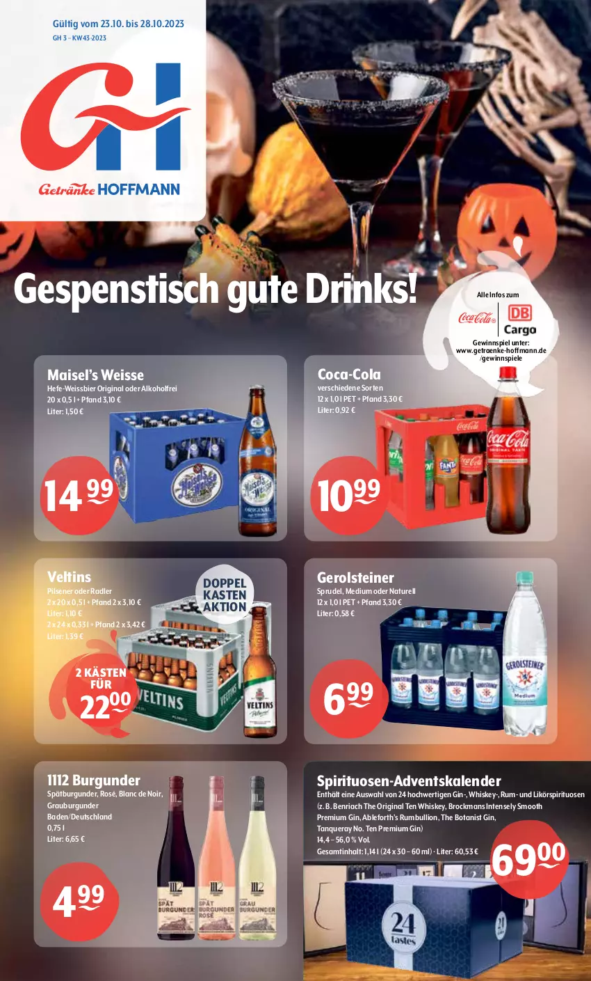 Aktueller Prospekt Getraenke Hoffmann - Prospekte - von 23.10 bis 28.10.2023 - strona 1 - produkty: Adventskalender, alkohol, Bad, BenRiach, bier, Brock, burgunder, coca-cola, cola, drink, drinks, eis, gerolsteine, gerolsteiner, gewinnspiel, gin, grauburgunder, Hefe, likör, lion, mais, natur, oder radler, pils, pilsener, radler, rel, Ria, rum, spätburgunder, Spiele, spirituosen, Sprudel, steiner, Tanqueray, Ti, tisch, veltins, veltins pilsener, weissbier, whiskey