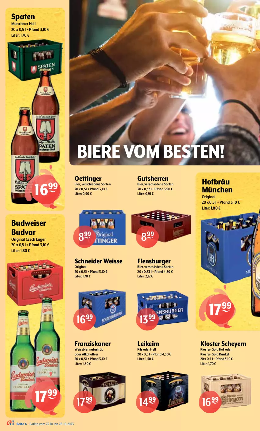 Aktueller Prospekt Getraenke Hoffmann - Prospekte - von 23.10 bis 28.10.2023 - strona 4 - produkty: alkohol, bier, Biere, bitburger, budweiser, burger, eis, erdinger, flensburger, franziskaner, gin, jever, könig pilsener, krombache, krombacher, natur, oder radler, oettinger, Paula, paulaner, pils, pilsener, premium pils, radler, Spaten, Ti, weissbier