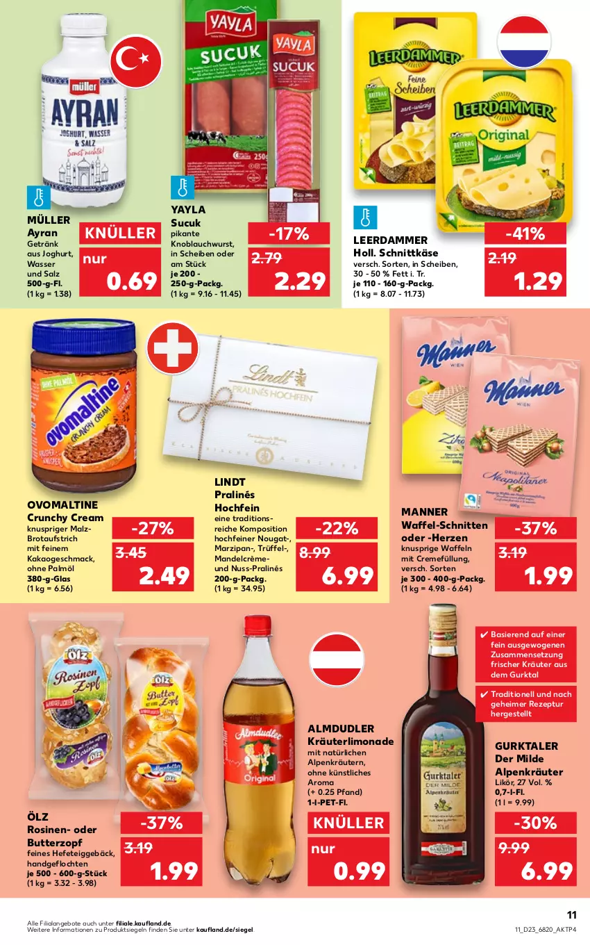 Aktueller Prospekt Kaufland - von 09.06 bis 15.06.2022 - strona 11 - produkty: almdudler, angebot, angebote, aufstrich, Ayran, brot, brotaufstrich, butter, creme, eimer, getränk, Gurktaler, Hefe, joghur, joghurt, kakao, Käse, knoblauch, kräuter, kräutern, leerdammer, likör, limo, limonade, lindt, mac, malz, mandel, Manner, marzipan, Müller, nuss, ohne palmöl, ovomaltine, rezept, salz, schnitten, schnittkäse, Sucuk, Ti, Trüffel, waffeln, wasser, wurst