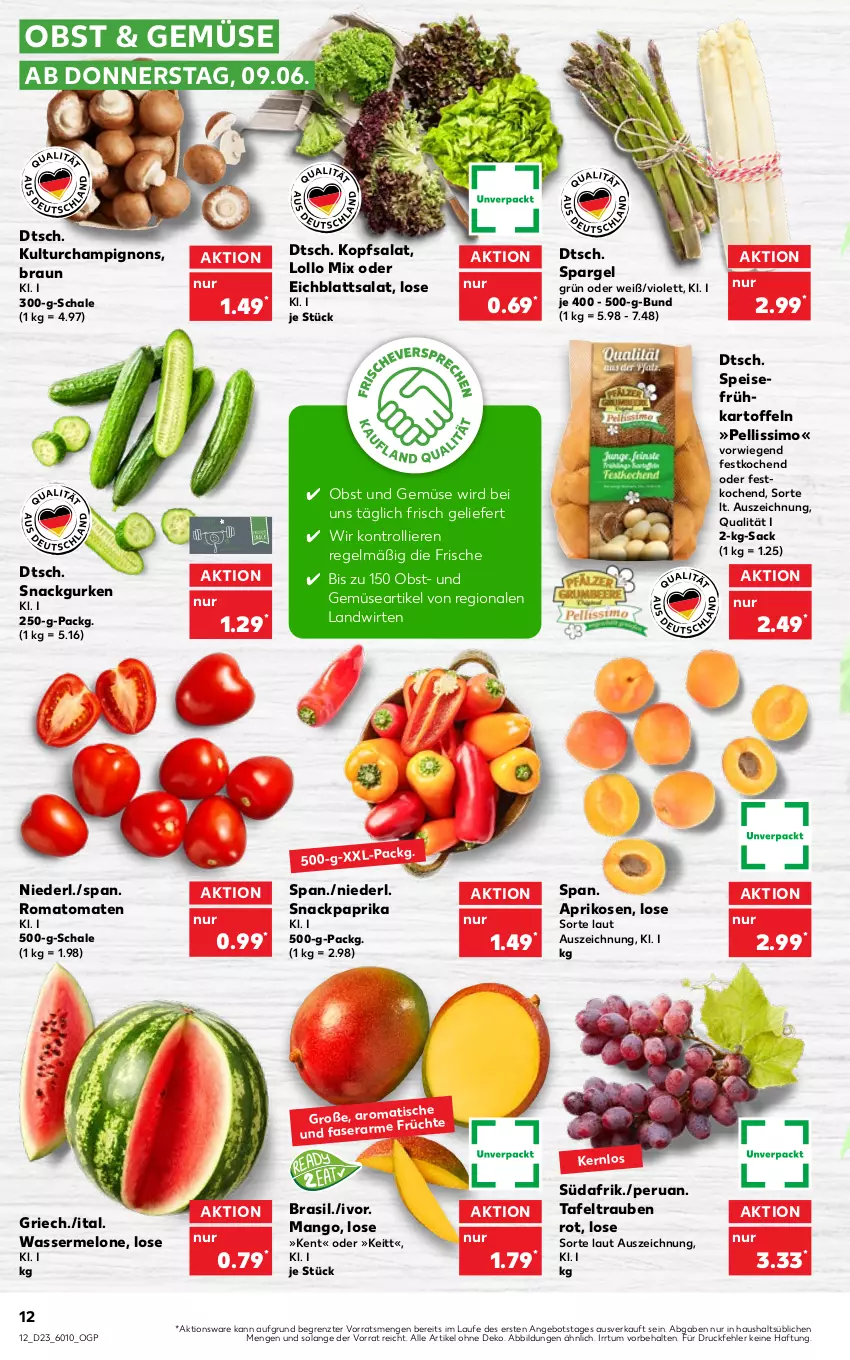 Aktueller Prospekt Kaufland - von 09.06 bis 15.06.2022 - strona 12 - produkty: angebot, aprikose, aprikosen, braun, champignon, champignons, Eichblattsalat, eis, früchte, Frühkartoffeln, gurke, gurken, kartoffel, kartoffeln, kopfsalat, mango, melone, obst, Obst und Gemüse, paprika, Romatomaten, sac, salat, Schal, Schale, sim, snack, spargel, spargel grün, speisefrühkartoffeln, tafeltrauben, Ti, tisch, tomate, tomaten, trauben, trolli, und gemüse, wasser, wassermelone, ZTE