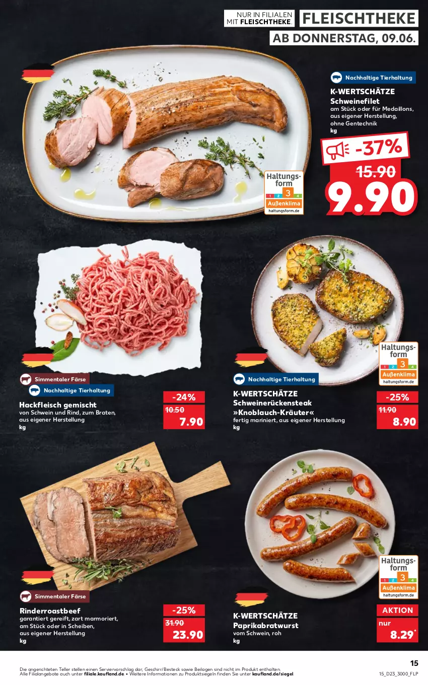 Aktueller Prospekt Kaufland - von 09.06 bis 15.06.2022 - strona 15 - produkty: angebot, angebote, beef, besteck, braten, bratwurst, eis, elle, ente, filet, fleisch, geschirr, hackfleisch, hackfleisch gemischt, ilag, knoblauch, kräuter, medaillons, paprika, rind, rinder, roastbeef, Rückensteak, schwein, schwein und rind, schweine, schweinefilet, schweinerücken, sim, steak, teller, Ti, wein, weine, wurst