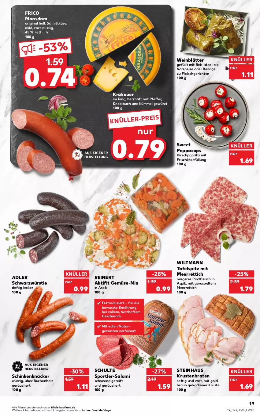 Aktueller Prospekt Kaufland - von 09.06 bis 15.06.2022 - strona 19 - produkty: angebot, angebote, auer, braten, braun, buch, Cap, eis, fleisch, frico, frischkäse, geback, gewürz, gin, Holz, HP, ilag, Käse, kirsch, knacker, knoblauch, krakauer, krustenbraten, Maasdam, mac, meerrettich, natur, nuss, paprika, pfeffer, reinert, reis, Rettich, rind, rindfleisch, ring, saft, salami, schinken, schnittkäse, Sport, steinhaus, tafelspitz, Ti, vorspeise, wein, wiltmann