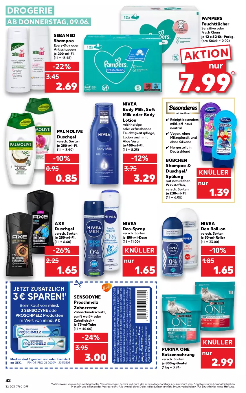 Aktueller Prospekt Kaufland - von 09.06 bis 15.06.2022 - strona 32 - produkty: aktionspreis, aloe vera, angebot, asti, axe, axe duschgel, beutel, body, body lotion, body milk, Brei, bübchen, coupon, creme, deo, deo roll-on, duschgel, eis, feuchtigkeitspflege, feuchttücher, fleisch, katzennahrung, Lotion, nivea, olive, palmolive, pampers, purina, reis, roll-on, Roller, sebamed, sensodyne, shampoo, spülung, Ti, tisch, tücher, zahncreme, ZTE