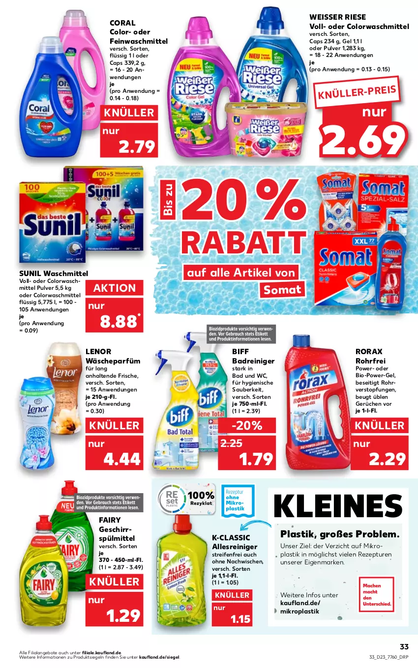 Aktueller Prospekt Kaufland - von 09.06 bis 15.06.2022 - strona 33 - produkty: angebot, angebote, asti, Bad, biff, bio, Cap, colorwaschmittel, Coral, eis, fairy, feinwaschmittel, geschirr, geschirrspülmittel, leine, lenor, power-gel, reifen, reiniger, rezept, rorax, somat, spülmittel, sunil, Ti, topf, wäscheparfüm, waschmittel, Weisser Riese