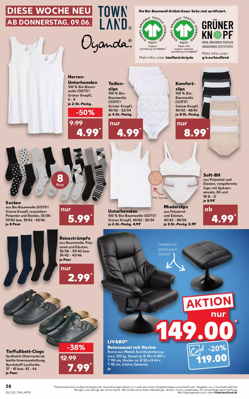 Aktueller Prospekt Kaufland - von 09.06 bis 15.06.2022 - strona 38 - produkty: angebot, angebote, Bau, baumwolle, bett, bio, bio-baumwolle, Clogs, eis, hemd, hemden, hocker, reis, rel, relaxsessel, Ria, sessel, slip, slips, socken, strümpfe, Taillenslip, Ti, Unterhemd, unterhemden, wolle, ZTE